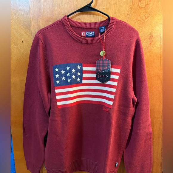 Chaps Men's Burgundy Sweater with Flag Design